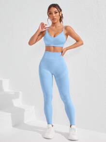 Gameset SHEIN Sport 2 件套女士简约无袖细肩带上衣和长裤无缝瑜伽运动服套装女士健身套装 - 淺藍色 - 查看 5