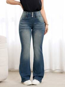 SHEIN LUNE Women's Pocketed Button Fly Flared Casual Denim Jeans - Blue - View 3