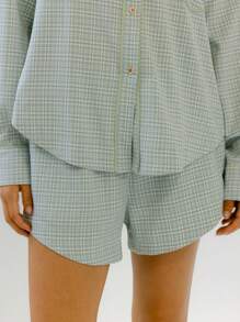 Aralina Light Green Button-Front Gingham Boyfrieend Shirt And Shorts Set - Green - View 4