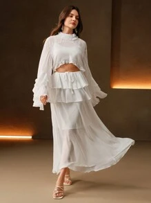 Anewsta Robe mi-longue élégante en chiffon avec patchwork et décolleté ajouré, convient pour la plage, le printemps et l'été - Bleu azur - Voir 5