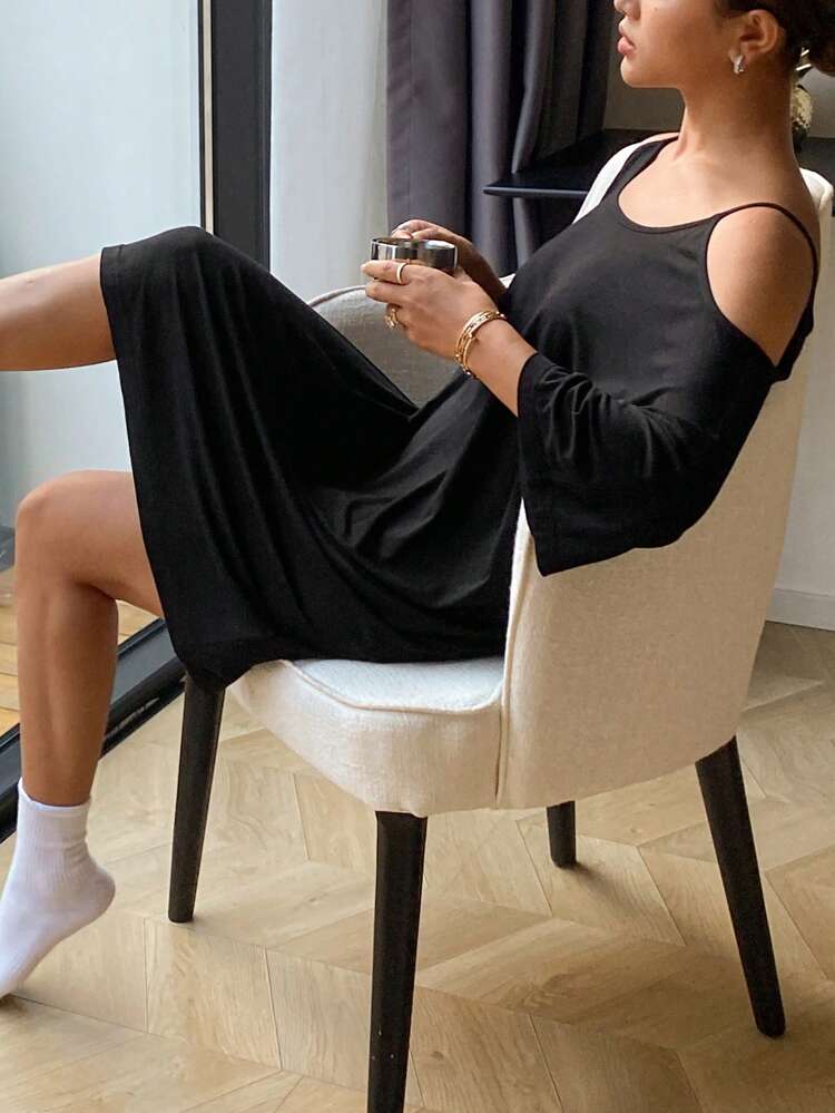 Loose-Fit Open Shoulder Solid Color Light-Weight Slip Dress For Women, Loungewear Pajama