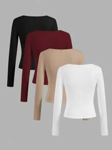 SHEIN Essnce 4pcs Set Casual Solid Color Square Neck Long Sleeve T-Shirts For Women, Versatile, Suitable For Spring & Autumn - Multicolor - View 2