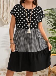 EMERY ROSE Plus Size Polka Dot & Plaid Splicing Casual Vacation Dress,Summer Outfits For Women/Summer,Tropical Vacation Woman Clothes,Beach Dress Sundress,Holiday Outfits Boho