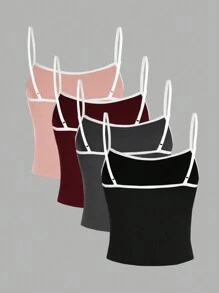 SHEIN Essnce 4pcs/Set Versatile Solid Color Women Camisole Vests, Black & White, Suitable For Spring & Summer Back To School - Multicolor - View 10