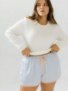 Aralina Curve Satin Contrast Lace Trim Lounge Drawstring Tie Short - Blue - View 10