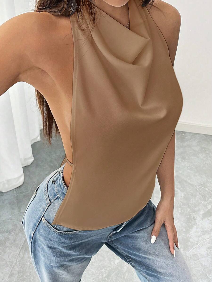 Flirla Top sin mangas con escote en pico y espalda descubierta para mujer, de moda y sexy