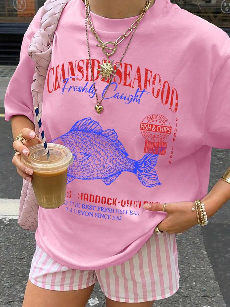 INAWLY 女士圆领字母印花短袖宽松时尚 T 恤图案 T 恤女式上衣