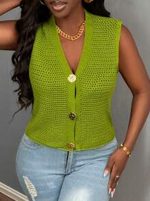 BamGleam New Green Metal Big Button V-Neck Sweater Vest, Hollow Out Cardigan For Casual Outdoor Wear, Sexy Minimalist Knit Vest, Suitable For Autumn/Winter/Spring