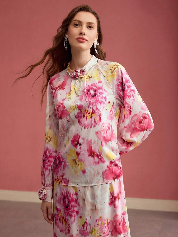 FLORAL PRINT FAUX PEAR BEADED BLOUSE,VALENTINE'S DAY,SPRING/SUMMER