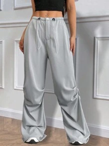 Chiquease Spodnie z szerokimi nogawkami z satyny oversize, jednolity kolor, minimalistyczny casual do codziennego noszenia - Szary - Zobacz 3