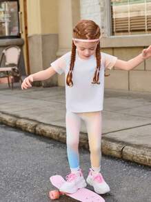 SHEIN Young Girls' Multifunctional Gradient Color Raglan Sleeve Sports T-Shirt, Moisture Wicking Suitable For Tennis, Volleyball And Other Sports, Summer