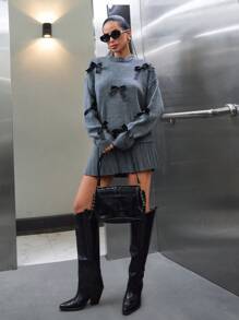 EURMUSE Set di 2 pezzi da donna, composto da maglione con dettaglio fiocco 3D e gonna plissettata, coordinato