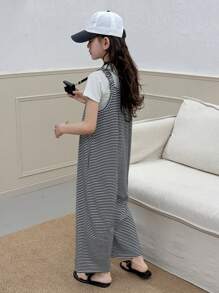 DAZY Tween Girls' Minimalist Fashion Casual Everyday Stripes Sleeveless Jumpsuit,Back To School Clothes - Black and White - View 2