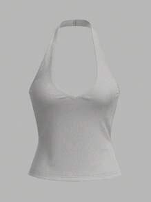 SHEIN BASICS Casual Solid Color Knit Halter Top For Women - Grey - View 5
