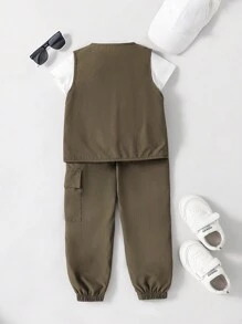 年轻男孩字母图案单排扣口袋背心和抽绳宽松长裤套装，休闲 - 軍綠色 - 查看 2