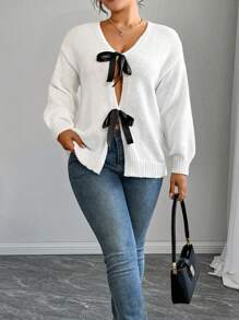 Calvaya Strickjacke in großen Größen für Damen mit V-Ausschnitt, Langarm, Schleife zum binden, elegant und romantisch, figurschmeichelnd, für Frühling/Sommer