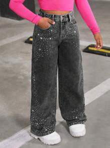 SHEIN Explorewe Quần ống loe đính đá trang trí cho bé gái tuổi teen, phong cách Y2K thời trang cho những buổi đi chơi thường ngày và đi dạo phố - màu đen - Xem 8