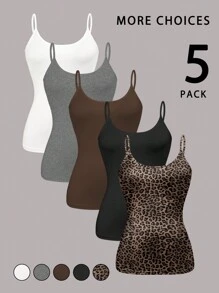 INAWLY 5pcs/Set Women's Solid Color & Leopard Print Slim Fit Camisole, Suitable For Spring, Summer, Autumn - Multicolor - View 1