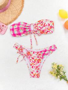 Women Bandeau Hollow-Out Rope Tied Floral Printed Splicing Triangle Bikini Set Summer - Multicolor - View 1