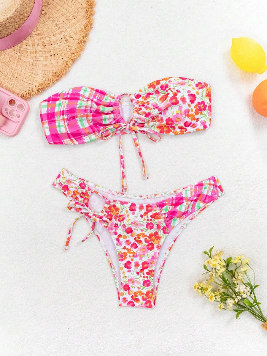Women Bandeau Hollow-Out Rope Tied Floral Printed Splicing Triangle Bikini Set Summer - Multicolor - View 1