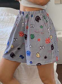 DAZY Pantalones cortos de pijama con estampado de cuadros y dibujos animados