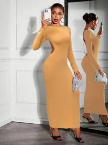 SHEIN SXY Women's Round Neck Long Sleeve Backless Rhinestone Chain Sexy Mini Dress