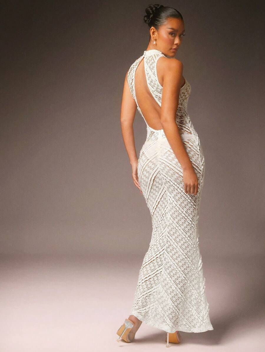 L'Amorae Vestido largo de punto de cuello alto, silueta ajustada y espalda descubierta - Blanco - Ver 1