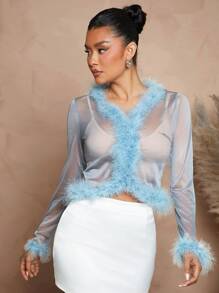 L'Amorae Blusa casual transparente de manga larga con parches de piel sintética, adecuada para el ocio y las vacaciones