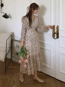 DAZY Women's Fitted Mid-Length V-Neck Ditsy Ditsy Floral Dress, Holiday Flower Vacation Beach, Spring/Summer/Autumn,Fall Women Clothes Long Sleeve Dress - Pink - View 3