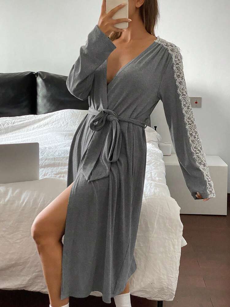 Knitted Fabric Lace Trim Mid-Length Robe Pajama