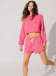 Aralina Leisurewear Neon Pink Drawstring Hoodie And Fleece With Contrast Piping Shorts Set