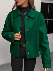 SHEIN Clasi 女款簡約鈕扣長袖上衣，休閒日常穿搭 - 墨綠色 - 查看 4