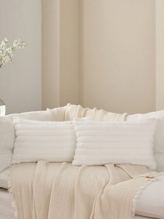 纯色条纹兔毛装饰抱枕套，双面荷兰亚麻布方形靠垫套，柔软天鹅绒材质节日家居装饰枕头，现代沙发装饰，卧室装饰，宿舍装饰，秋季装饰，房间装饰