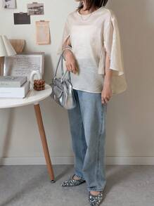 FRIFUL 女士杏色宽松衬衫，开衩袖设计，商务休闲夏季 - 杏色 - 查看 2