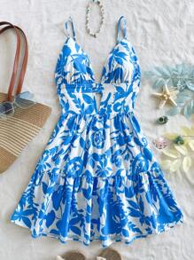 Soleia 女士节日花卉印花细肩带露背 A 字型迷你连衣裙 - 淺藍色 - 查看 5