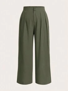Elaquor 2 Pcs/Set Plus Size Women's Solid Color Pleated Wide Leg Casual Pants, Trousers, Button, Zipper Elastic Back Waist Office For Women Spring Fall - Olive Green - View 4