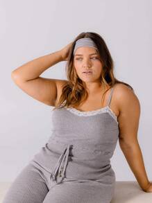 Aralina Cozy Curve Lace Trim Soft And Stretch Gray Rib Knit Front Tie Sleeveless Sleep Set With Headband - Grey - View 7