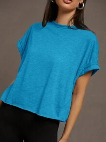 SHEIN Essnce Women Solid Color Round Neck Short Sleeve Hollow-Out Casual T-Shirt