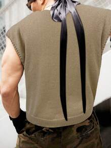 Manfinity EMRG Men Solid Color Ripped Knit Sweater Vest - Khaki - View 2