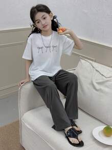 Dazy Kids Tween Girls Bow Print Round Neck Short Sleeve T-Shirt And Pants Sleepwear Set - White - View 2