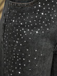 SHEIN Explorewe Quần ống loe đính đá trang trí cho bé gái tuổi teen, phong cách Y2K thời trang cho những buổi đi chơi thường ngày và đi dạo phố - màu đen - Xem 4