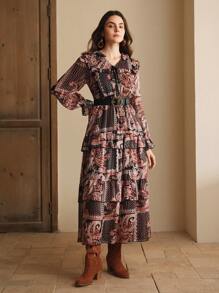 Anewsta Elegant Floral Print Loose Waist Dress For Women