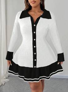 SHEIN Unity Vestido de punto con contraste de color, bajo con volantes y decoración de botones para mujer de talla grande, vestido de suéter elegante para otoño e invierno - Blanco - Ver 6