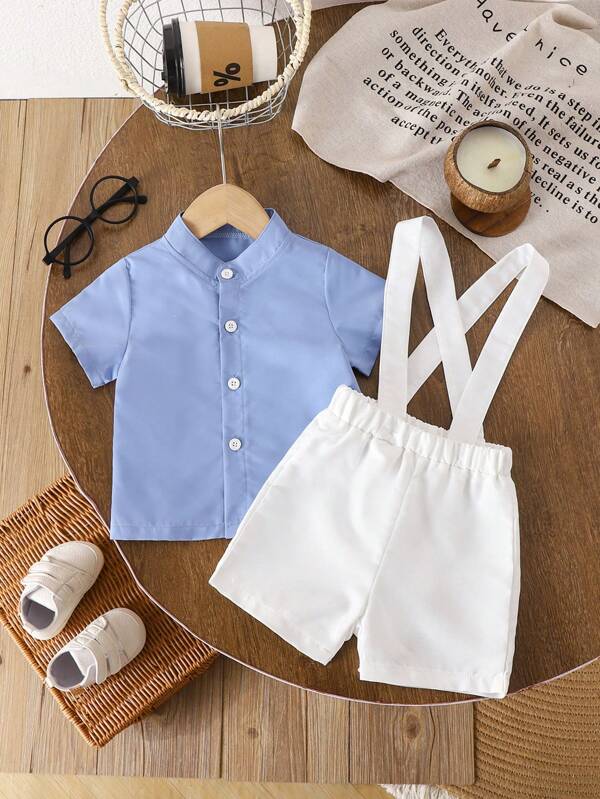 SHEIN Set de 2 piezas ropa unisex para bebé niño, camisa azul con pantalón blanco, de manga corta y shorts, traje básico elegante para fiesta de bebé y primer cumpleaños