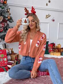 Chiquease Chaqueta de suéter holgada con bordado de muñeco de nieve navideño informal y ribete de piel sintética, de y cálida para otoño/invierno