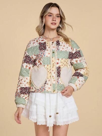 Kawaii Women's Countryside Cottage Core Style Lace Trim Ditsy Floral Patchwork Quilted Round Neck Regular Jacket With Heart Pocket