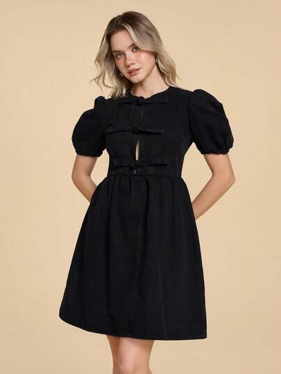 Kawaii Vestito vintage in denim lavato con fiocco carino e stile da bambola per donna