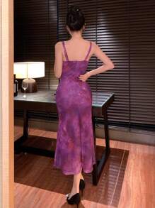 DAZY V领无袖鱼尾紫色优雅中长连衣裙，适合女士参加舞会、晚宴或鸡尾酒会。 - 紫色 - 查看 2
