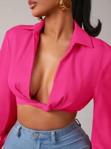 SHEIN SXY Cropped Lantern Sleeve Twist Front Sexy Blouse, Sexy Top - Hot Pink - View 6