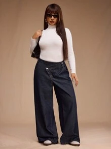 Forever 21 Plus Size Women Asymmetric Waist Pockets Wide Leg Loose Casual Jeans